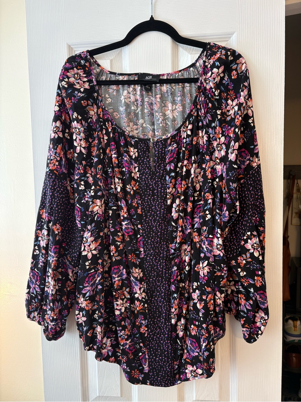 AGB Black Floral Scoop-Neck Blouse with Pink and Purple Blooms